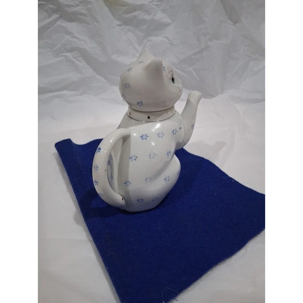 Vintage Hand Painted Lucky Cat Teapot or Creamer White with Flowers - Porcelain